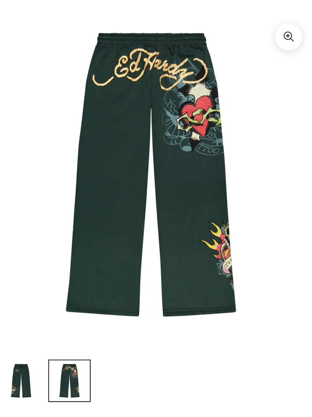 Ed Hardy Forest Green Sweatpants with Gold Script and Multicolor Tattoo Graphics